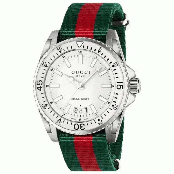 Gucci Men’s Swiss Made Quartz Green & Red Nylon Strap White Dial 45mm Watch YA136207