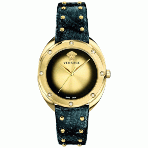 Versace Women’s Quartz Swiss Made Black Leather Strap Gold Dial 38mm Watch VEBM01018