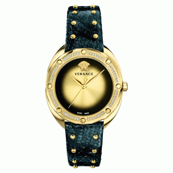 Versace Women’s Quartz Swiss Made Black Leather Strap Gold Dial 38mm Watch VEBM01118