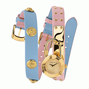 Versace Women’s Quartz Swiss Made Sky Blue & Pink Leather Strap Gold Dial 22mm Lock Icon Watch VEDW00219