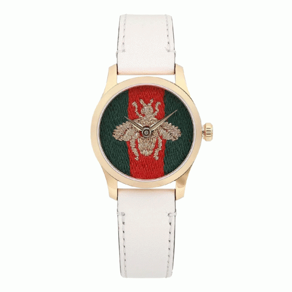 Gucci Women’s Swiss Made Quartz Off-White Leather Strap Multi Color Dial 27mm Watch YA1265009