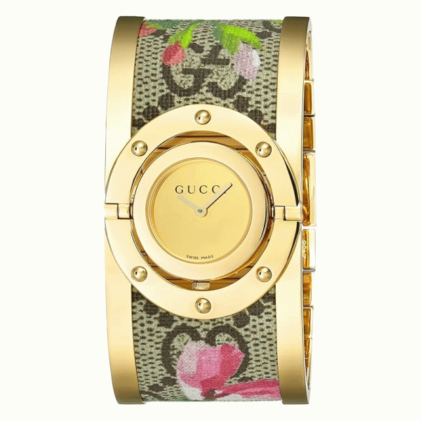 Gucci Women’s Swiss Made Quartz Gold & Floral Textile Stainless Steel Gold Dial 33mm Bangle Watch YA112443