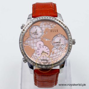 Elle Women’s Quartz Dark Orange Leather Strap Peach & Mother Of Pearl Dial 45mm (Three Time Zone) Watch EL20070S03C