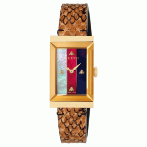 Gucci Women’s Swiss Made Quartz Brown Leather Strap Multi Color Dial 21mm Watch YA147402