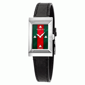 Gucci Women’s Swiss Made Quartz Black Leather Strap Green & Red Dial 21mm Watch YA147403