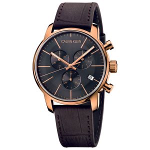 Calvin Klein Men’s Swiss Made Quartz Brown Leather Strap Black Dial 43mm Watch K2G276G3