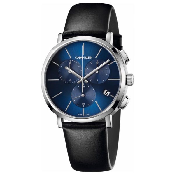 Calvin Klein Men’s Swiss Made Quartz Black Leather Strap Blue Dial 42mm Watch K8Q371CN