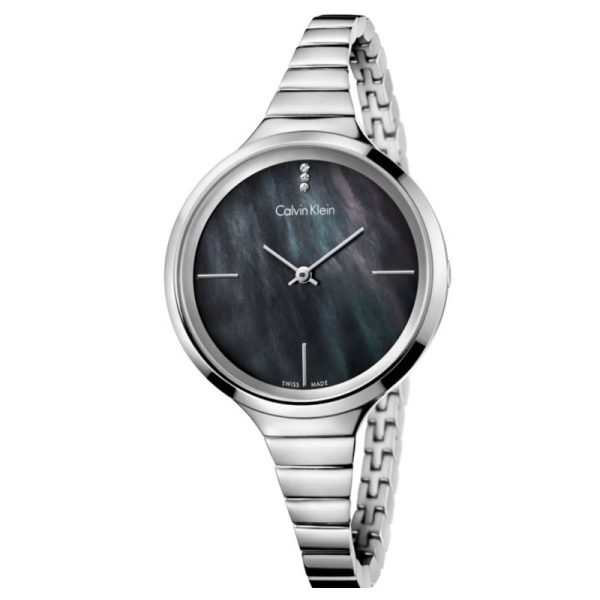 Calvin Klein Women’s Swiss Made Quartz Silver Stainless Steel Black Mother of Pearl Dial 34mm Watch K4U2312S