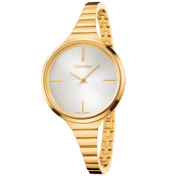 Calvin Klein Women’s Swiss Made Quartz Gold Stainless Steel Silver Dial 34mm Watch K4U23526