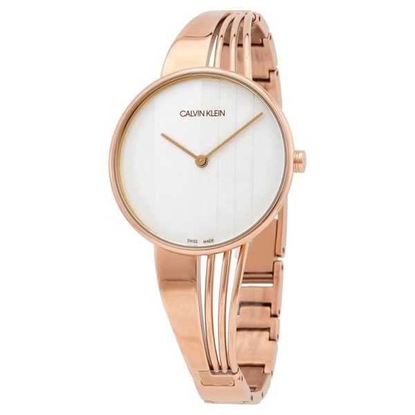 Calvin Klein Women’s Swiss Made Quartz Rose Gold Stainless Steel Silver Dial 34mm Bangle Watch K6S2N616