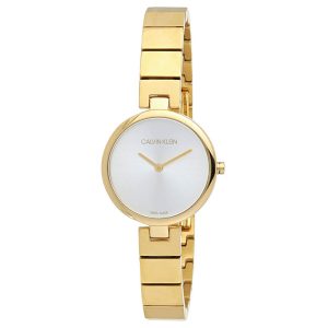 Calvin Klein Women’s Swiss Made Quartz Gold Stainless Steel Silver Dial 28mm Watch K8G23546