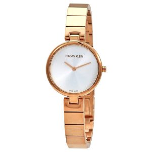 Calvin Klein Women’s Swiss Made Quartz Rose Gold Stainless Steel Silver Dial 28mm Watch K8G23646