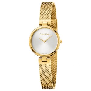 Calvin Klein Women’s Swiss Made Quartz Gold Stainless Steel Silver Dial 28mm Watch K8G23526