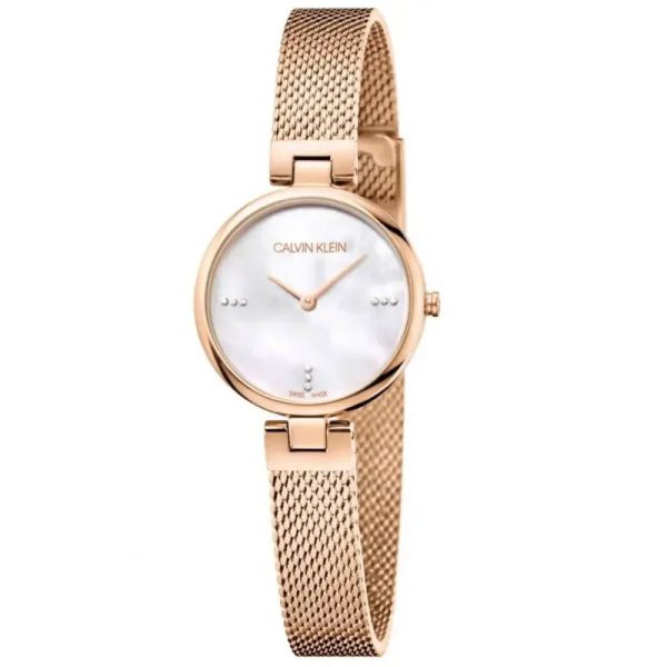 Calvin Klein Women’s Swiss Made Quartz Rose Gold Stainless Steel Silver Dial 28mm Watch K8G2362G