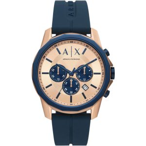 Armani Exchange Men’s Quartz Blue Silicone Strap Rose Gold Dial 44mm Watch AX1730