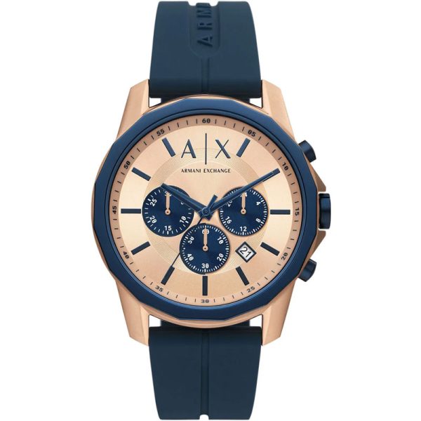 Armani Exchange Men’s Quartz Blue Silicone Strap Rose Gold Dial 44mm Watch AX1730