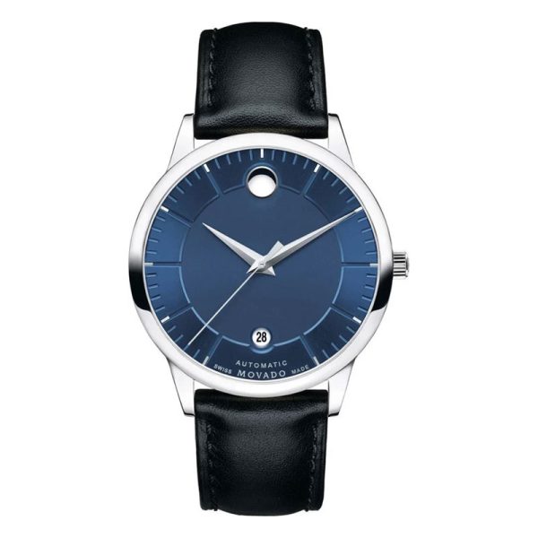 Movado Men’s Automatic Swiss Made Black Leather Strap Blue Dial 40mm Watch 606874