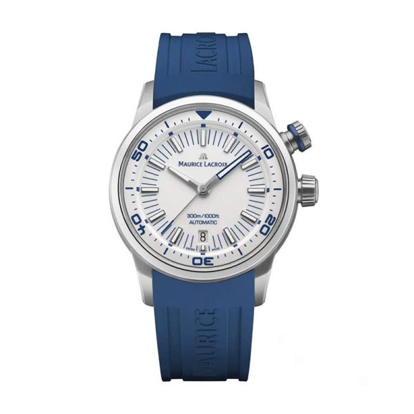 Maurice Lacroix Men’s Automatic Swiss Made Blue Silicone Strap White Dial 42mm Watch PT6248-SS00L-130-4