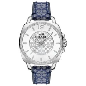 Coach Women’s Quartz Navy Blue Fabric & Leather Strap Silver Dial 34mm Watch 14503149