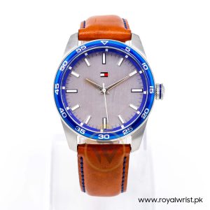 Tommy Hilfiger Men’s Quartz Brown Leather Strap Silver Sunray Dial 42mm Watch 1790928/1