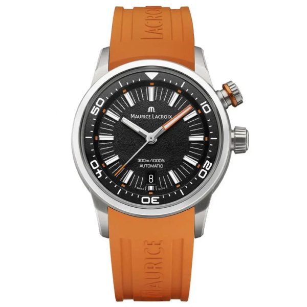 Maurice Lacroix Men’s Automatic Swiss Made Orange Silicone Strap Black Dial 42mm Watch PT6248-SS00L-330-J