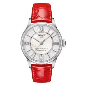 TISSOT Women’s Powermatic Swiss-Made Red Leather Strap Mother Of Pearl Dial 32mm Watch T099.207.16.118.00