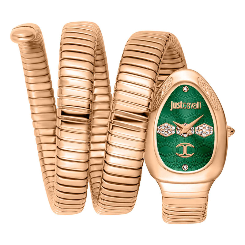 Just Cavalli Women’s Quartz Rose Gold Snake Stainless Steel Bottle Green Dial 22mm Watch JC1L232M0045