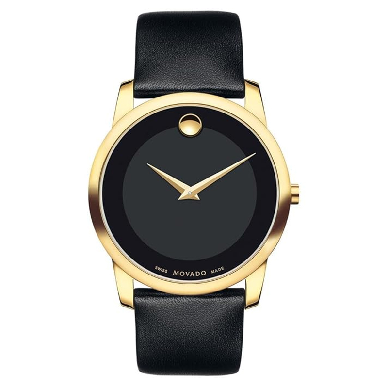 Movado Men’s Swiss Made Quartz Black Leather Strap Black Dial 40mm Watch 606876