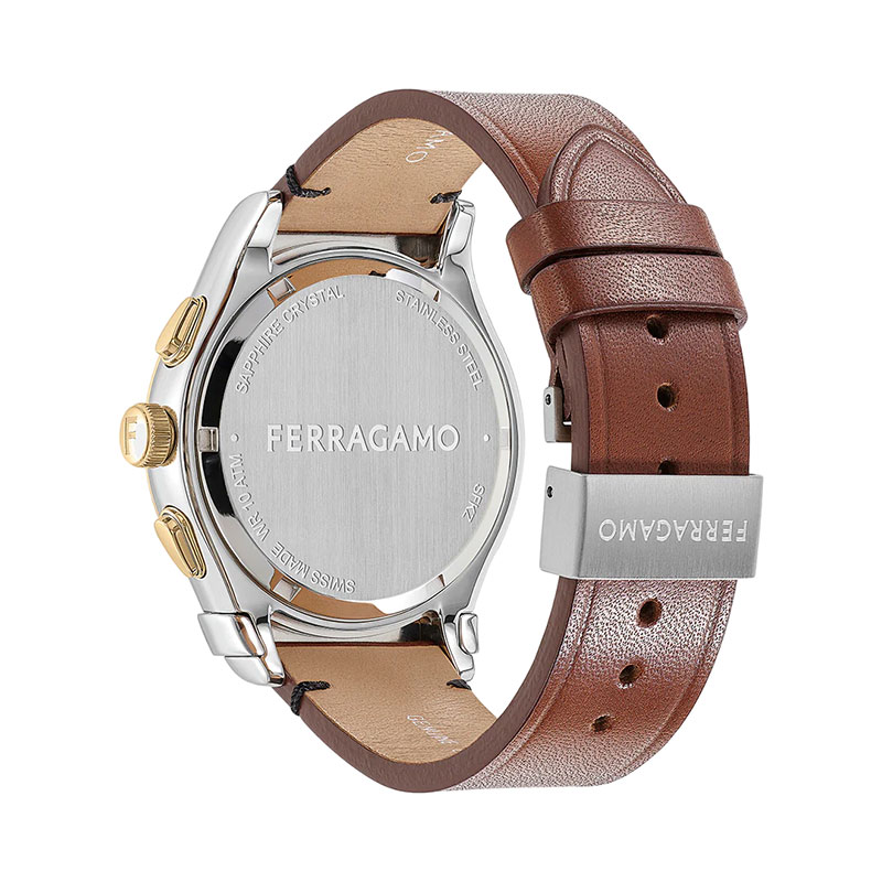 Ferragamo Men’s Swiss Made Quartz Brown Leather Strap Black Dial 42mm Watch SFKZ00323