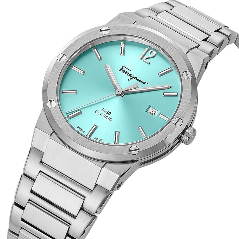 Ferragamo Swiss Made Quartz Silver Stainless Steel Sky Blue Dial 41mm Watch SFDT02323