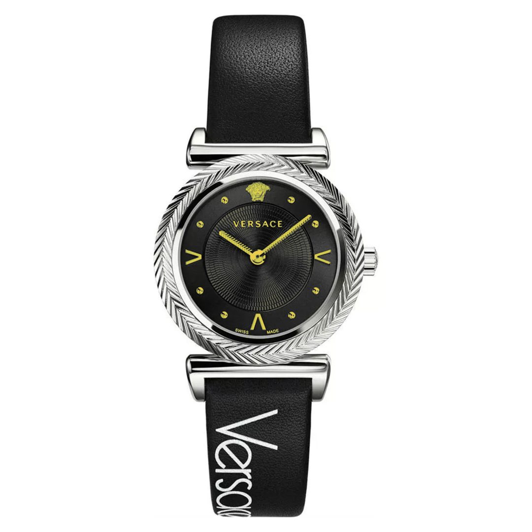 Versace Women’s Quartz Swiss Made Black Leather Strap Black Dial 35mm Watch VERE00918 (Without Tag)