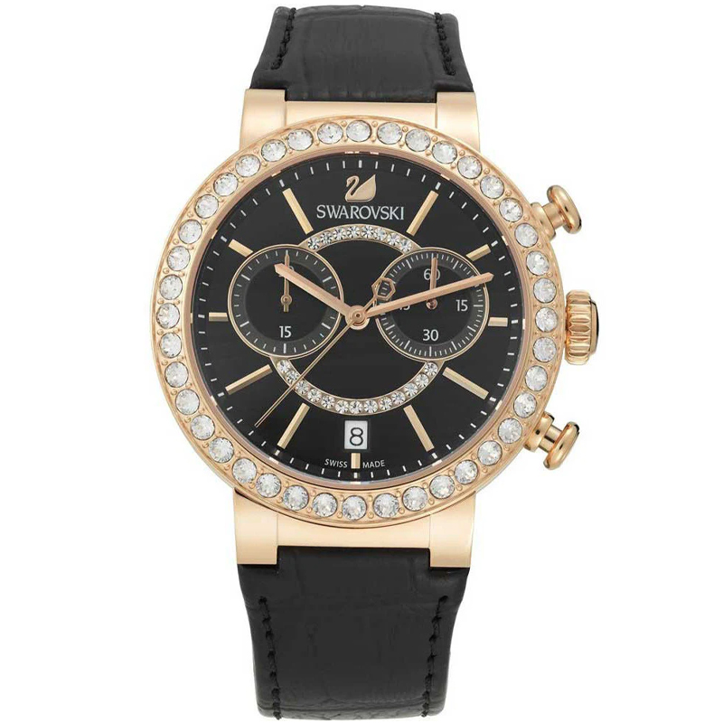 SWAROVSKI Women’s Swiss Made Quartz Black Leather Strap Black Dial 38mm Watch 5055209