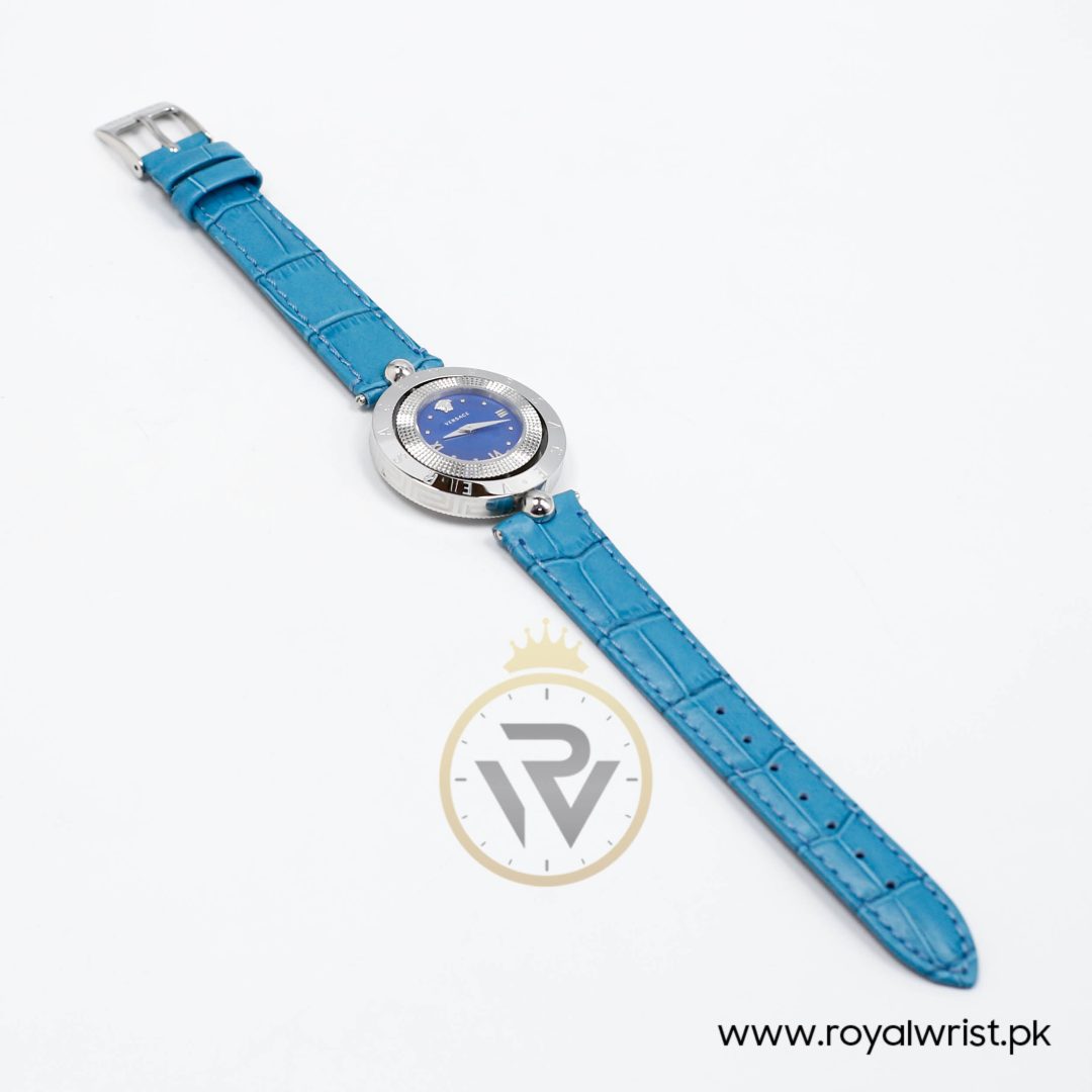 Versace Women’s Quartz Swiss Made Sky Blue Leather Strap Blue Dial 34mm Watch VE7900220 (Like New) - Image 5