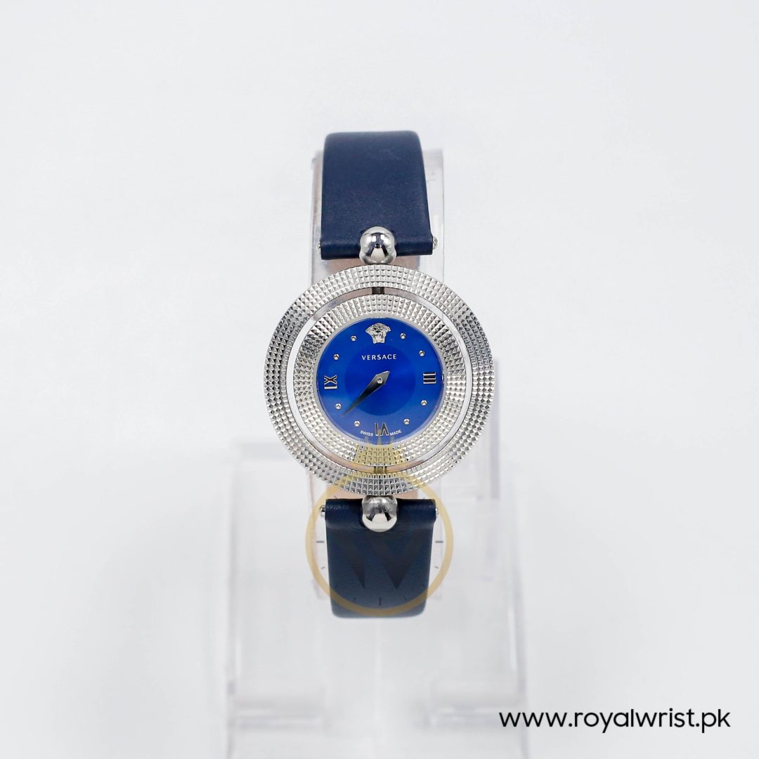 Versace Women’s Quartz Swiss Made Dark Blue Leather Strap Blue Dial 34mm Watch VE7900220-1
