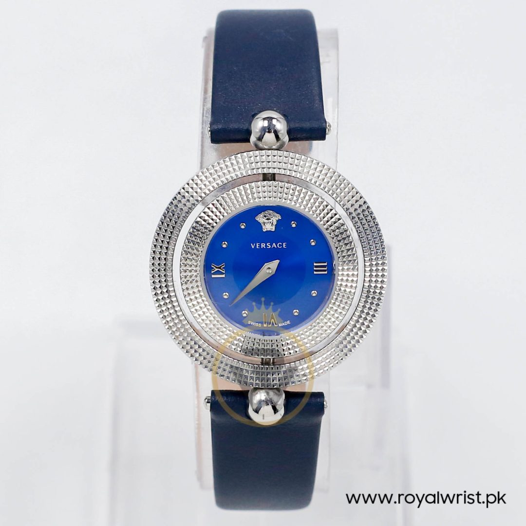 Versace Women’s Quartz Swiss Made Dark Blue Leather Strap Blue Dial 34mm Watch VE7900220-1