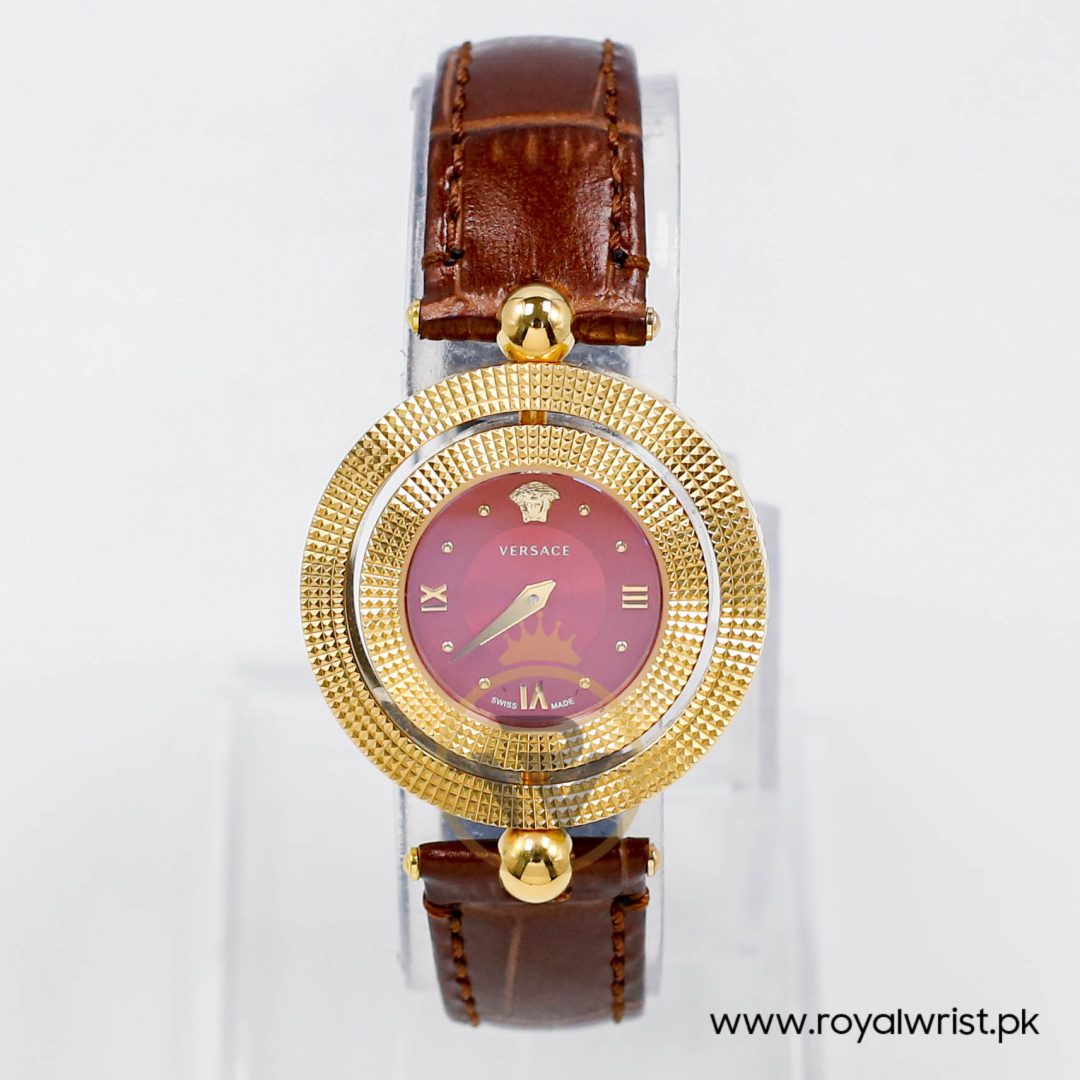 Versace Women’s Quartz Swiss Made Dark Brown Leather Strap Red Dial 34mm Watch VE7901223 (Like New)