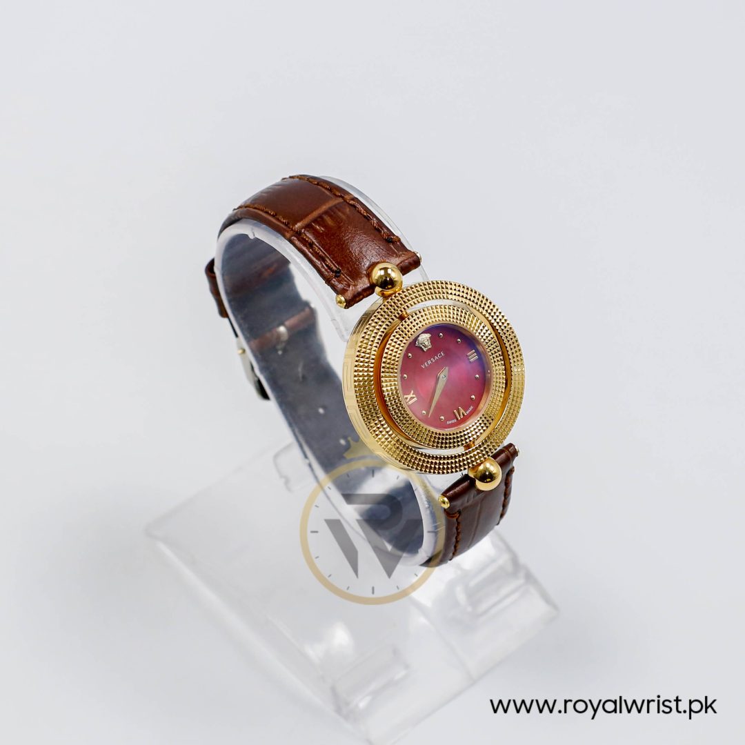 Versace Women’s Quartz Swiss Made Dark Brown Leather Strap Red Dial 34mm Watch VE7901223 (Like New) - Image 8