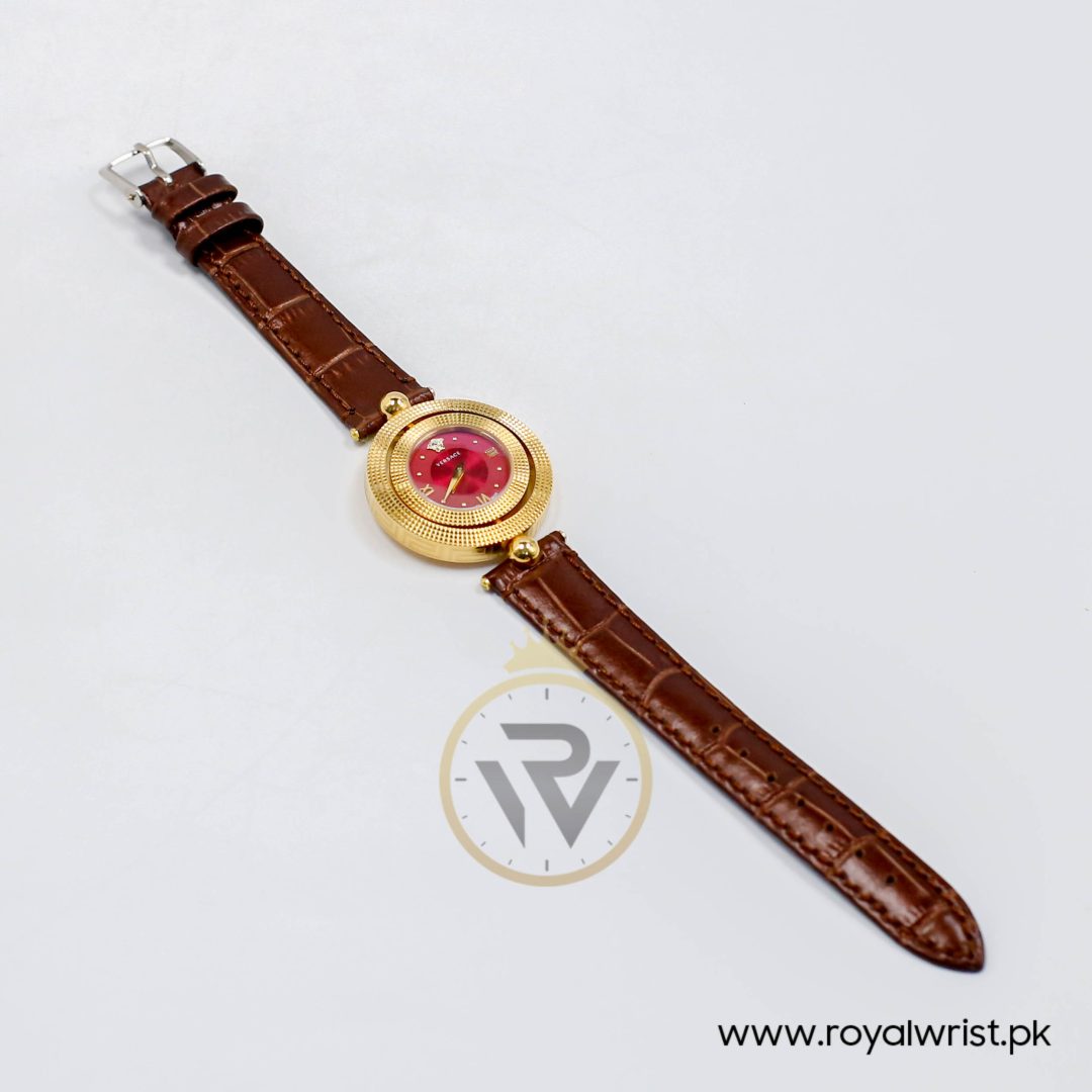 Versace Women’s Quartz Swiss Made Dark Brown Leather Strap Red Dial 34mm Watch VE7901223