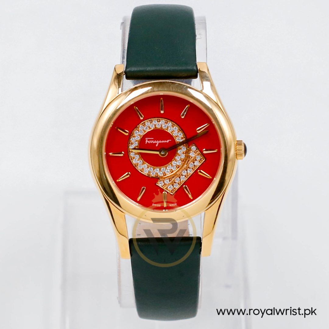 Ferragamo Women's Swiss Made Quartz Dark Green Leather Strap Red Dial 33mm Watch FG4070014