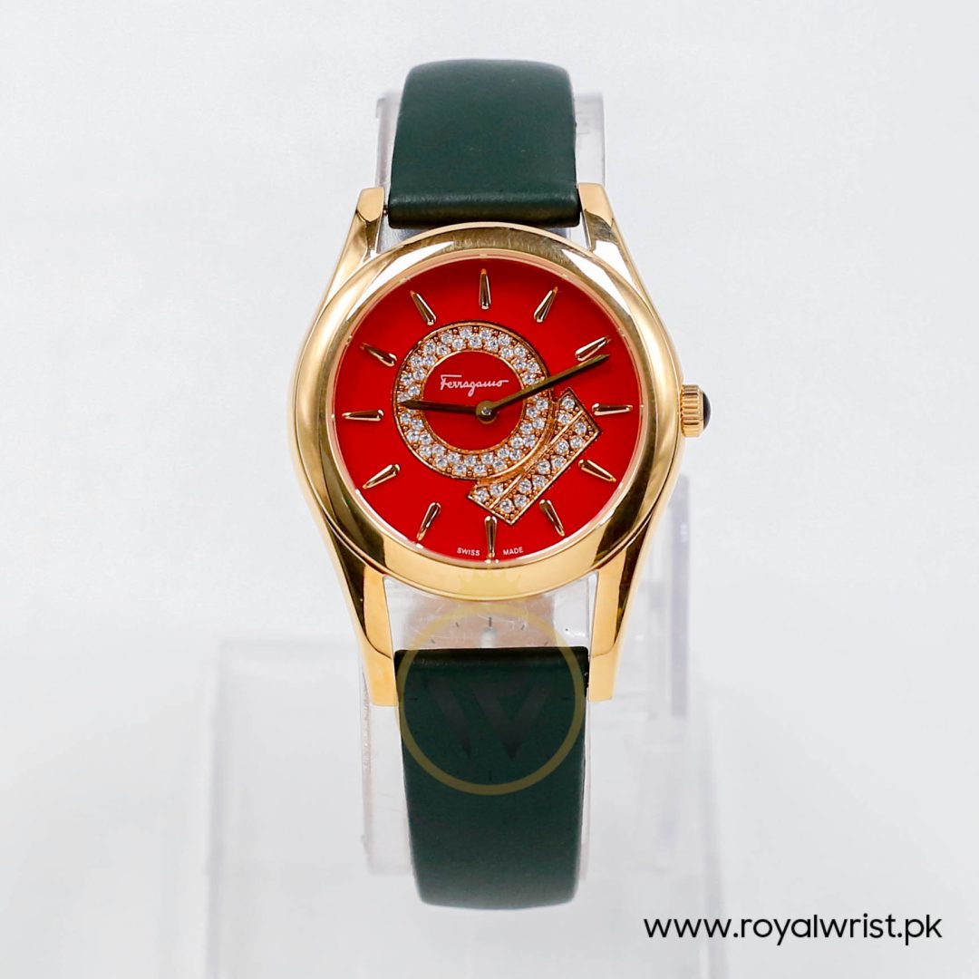 Ferragamo Women's Swiss Made Quartz Dark Green Leather Strap Red Dial 33mm Watch FG4070014 - Image 2