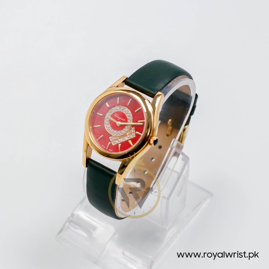Ferragamo Women's Swiss Made Quartz Dark Green Leather Strap Red Dial 33mm Watch FG4070014 - Image 6