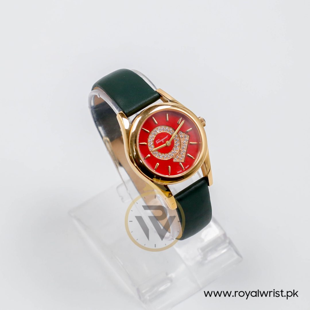 Ferragamo Women's Swiss Made Quartz Dark Green Leather Strap Red Dial 33mm Watch FG4070014