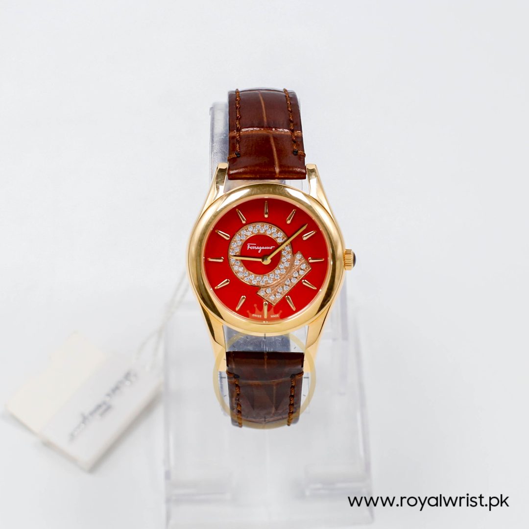Ferragamo Women's Swiss Made Quartz Dark Brown Leather Strap Red Dial 33mm Watch FG4070014-1