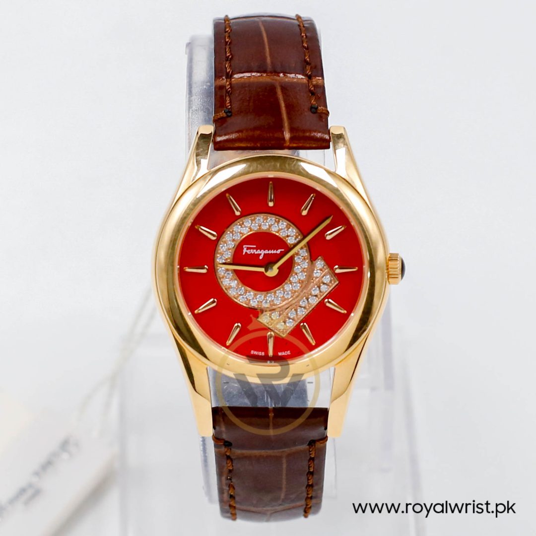 Ferragamo Women's Swiss Made Quartz Dark Brown Leather Strap Red Dial 33mm Watch FG4070014-1