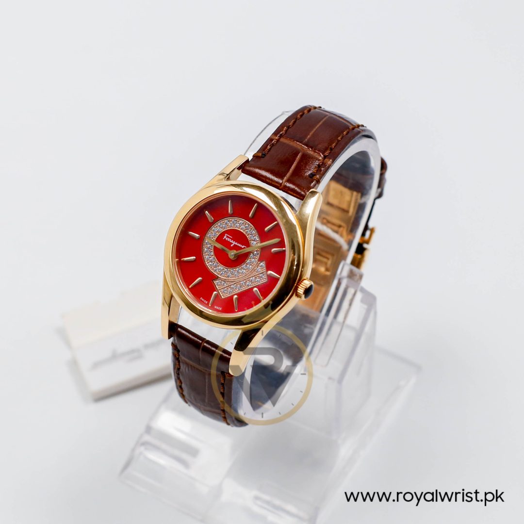 Ferragamo Women's Swiss Made Quartz Dark Brown Leather Strap Red Dial 33mm Watch FG4070014-1 - Image 6