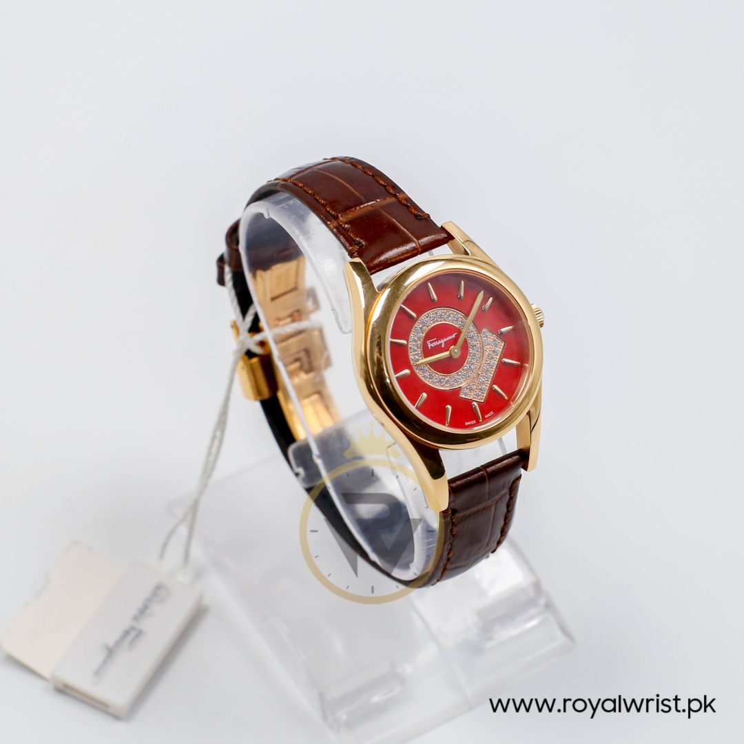 Ferragamo Women's Swiss Made Quartz Dark Brown Leather Strap Red Dial 33mm Watch FG4070014-1 - Image 5