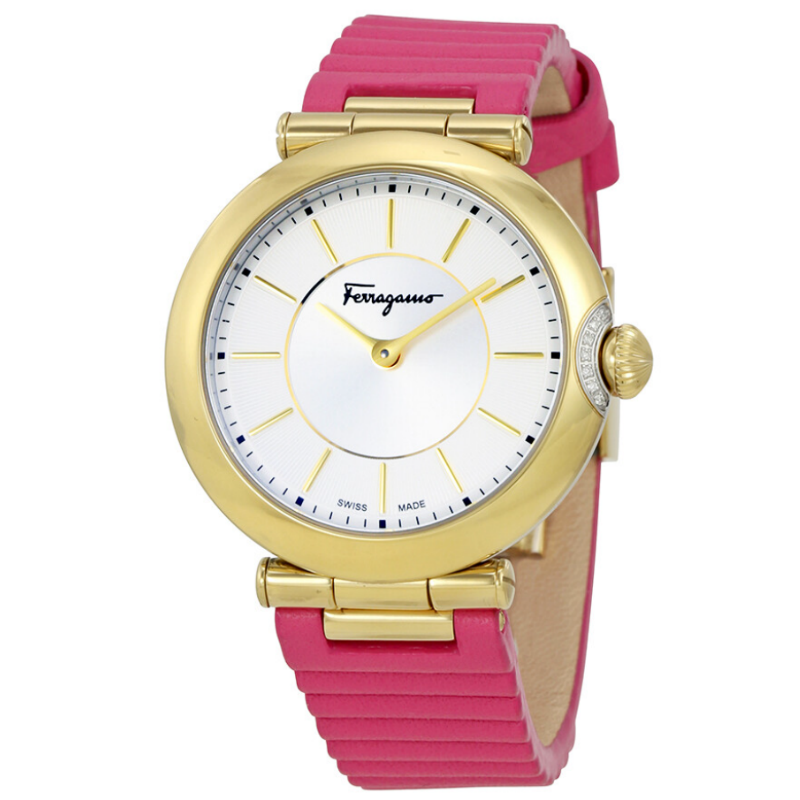 Ferragamo Women's Swiss Made Quartz Pink Leather Strap Silver Dial 36mm Watch FIN030015 (Without Tag)