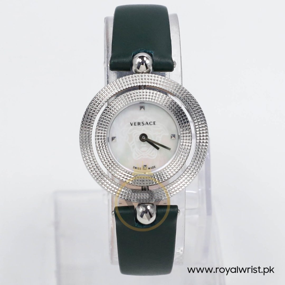 Versace Women’s Quartz Swiss Made Dark Green Leather Strap Mother Of Pearl Dial 34mm Watch P417544-1 (Like New)