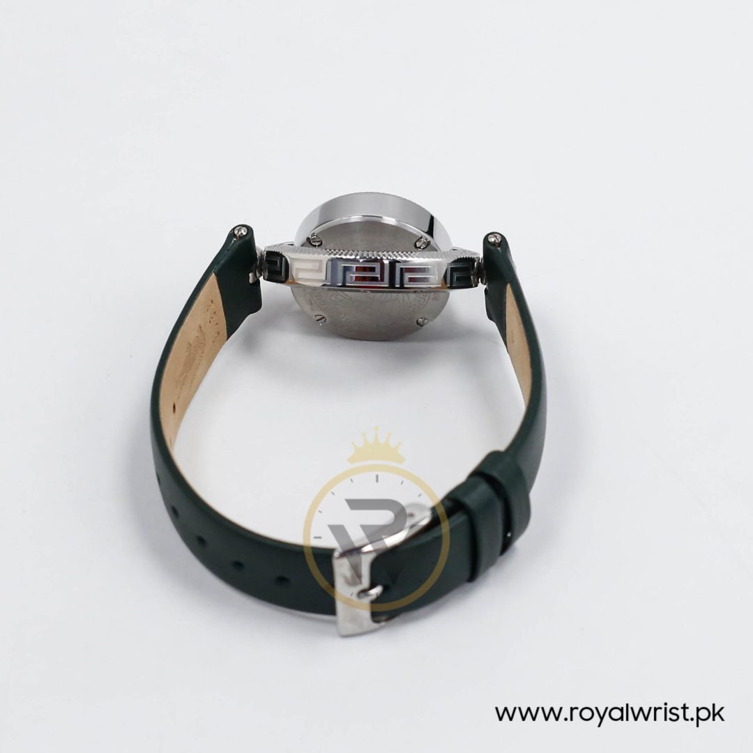 Versace Women’s Quartz Swiss Made Dark Green Leather Strap Mother Of Pearl Dial 34mm Watch P417544-1 (Like New)