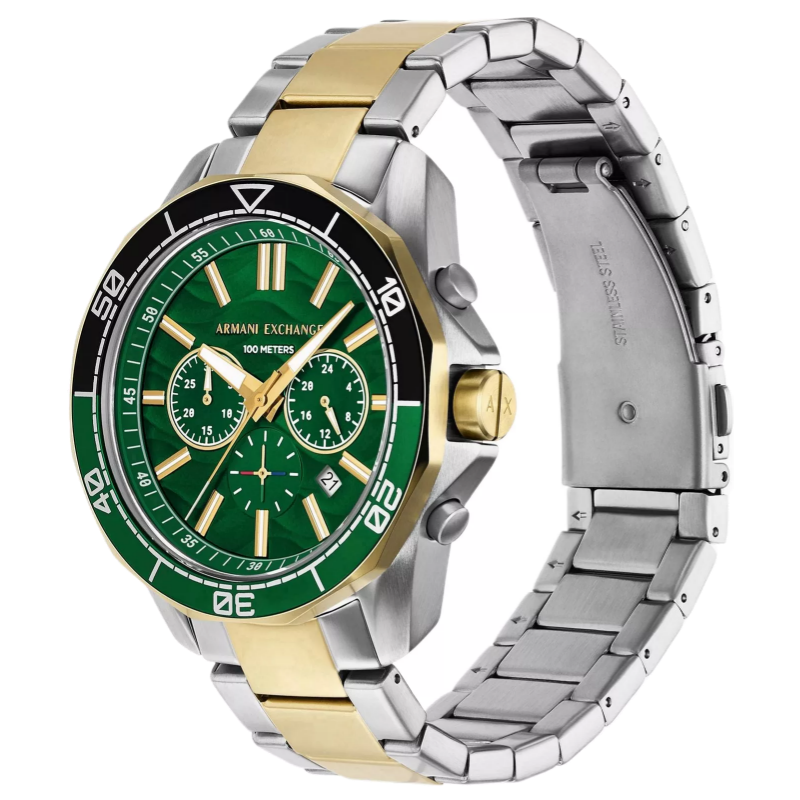 Armani Exchange Men’s Chronograph Quartz Two-Tone Stainless Steel Green Dial 44mm Watch AX1966